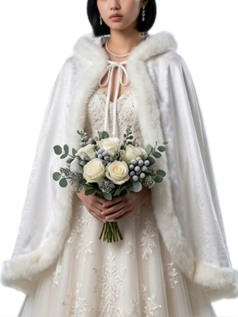 Reversible White Bridal Wedding Cape Faux Fur Trim Satin White & Faux Fur